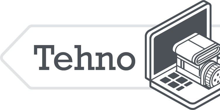 Logo mit dem Wort "Tehno" und einer stilisierten Kamera und Laptop.