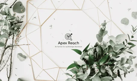 Minimalist Apex Reach Design mit grünen Blättern und goldenen geometrischen Formen.