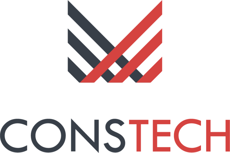 Logo von Constech mit stilisierten Linien in Schwarz, Grau und Rot.